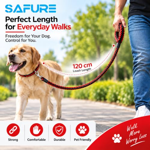 Image of Dog Leash Heavy Duty, Braided Nylon 120 cm Long and 3 cm Wide Dog Belt for Large Dogs and Medium Dogs, Walking Rope with Loop Handle and Swivel Metal Hook (Red and Black)