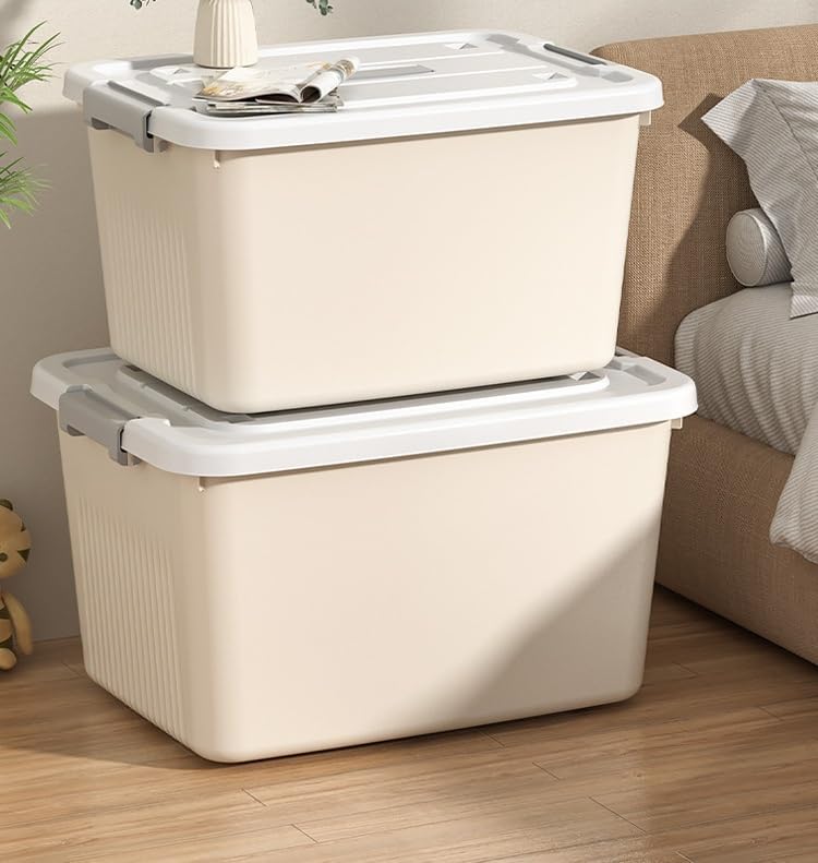 Image of Ash & Roh Plastic Storage Box /Bin /Container with Locking Lid - Sturdy and Versatile Home Organizer, Available in Multiple Size. (1, CREAM, medium 25cm X 34 cm X 18 cm)