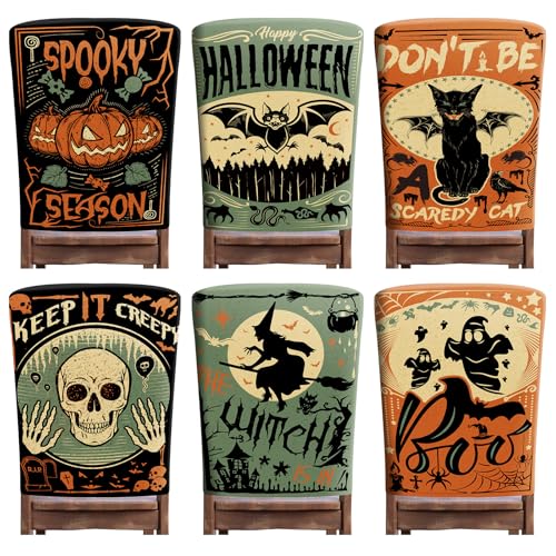 Moukeren 6 Pcs Halloween Chair Cover Set Gothic Halloween Decor Stretch Dining Chair Back Covers Witch Skeleton Pumpkin Black Cat Bat Seat Covers Farmhouse Dining Seat Protector for Home Kitchen Decor