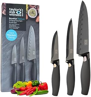 Brooklyn Range Titanium 3 Piece Knife Set - Paring, Utility and Japanese Santoku Knives, with Comfort Grip. Forged from Hollow Ground Stainless Steel, Plated with Corrosion Resistant Titanium