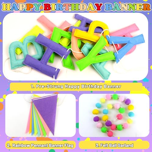 Image of Happy Birthday Banner Decorations - Pre-Strung 3D Felt HAPPY BIRTHDAY Sign for Party Decor | Rainbow Reusable Happy Birthday Garland, Ball, Pennant Flag (2-Macaron)