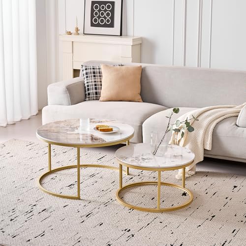 DEYARNA HOME Juego de 2 Mesa de Centro Redonda - Tablero de Cerámica Técnica (no MDF), Mesas Auxiliares con Patas de Metal para Salón, Dormitorio, Balcón (Pandora+Oro), 60+80cm
