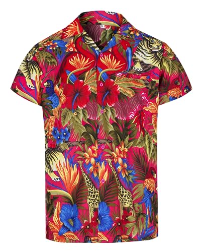 Mens Hawaiian Shirt Short Sleeve Hawaiian Shirts for Men Funny Shirt - Ugly Shirt with a Jungle Animal Print for Funky Shirts for Men and Stag Shirt (XXL, Pink)