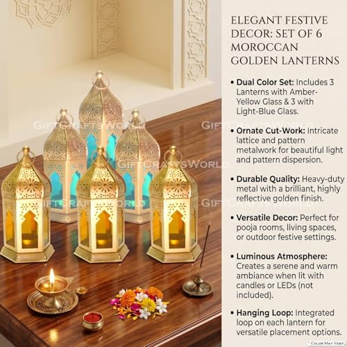 Image of Moroccan Lanterns & Candle Holders for Home Decor - Unique Diwali & Christmas Gifts (Yellow - Blue, Set of 6)