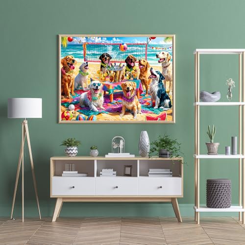 Rompecabezas para adultos de 1000 piezas: 'Doggo Beach Bash', escena playera con perros, decoración para fiestas, tamaño final 27,56 x 19,69 pulgadas, incluye póster a escala 1:1 y letra en el reverso miniatura 5