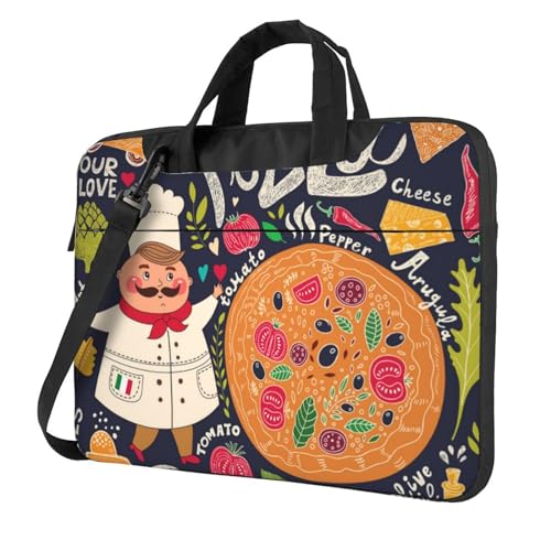 Sac pour ordinateur portable imprimé Chef Pizza 13/14/15,6 pouces, housse ultra fine pour ordinateur portable avec bandoulière, mallette d'ordinateur pour homme et femme, Noir , 15.6 inch