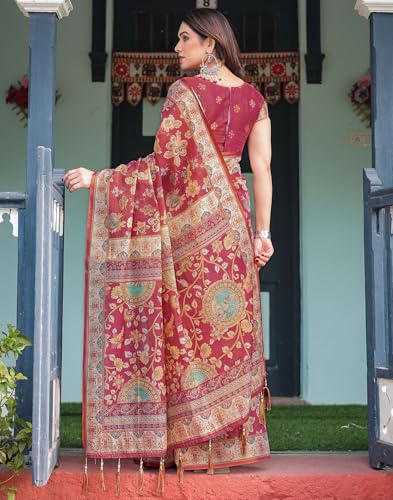Image of SIRIL Women's Cotton Linen Printed Handloom Saree with Unstitched Blouse Piece