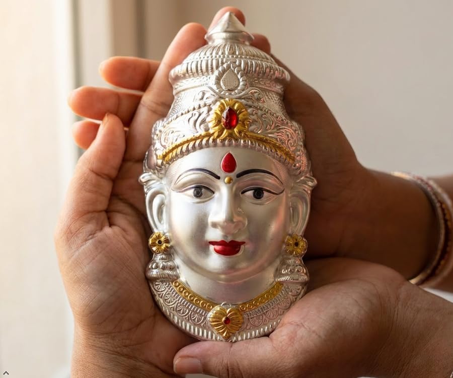 HEENA Home Decor Varalakshmi Ammavari Face Idol | German Silver Decorative Idol for Pooja Mandir & Home Décor | 16 CM Height-image-7