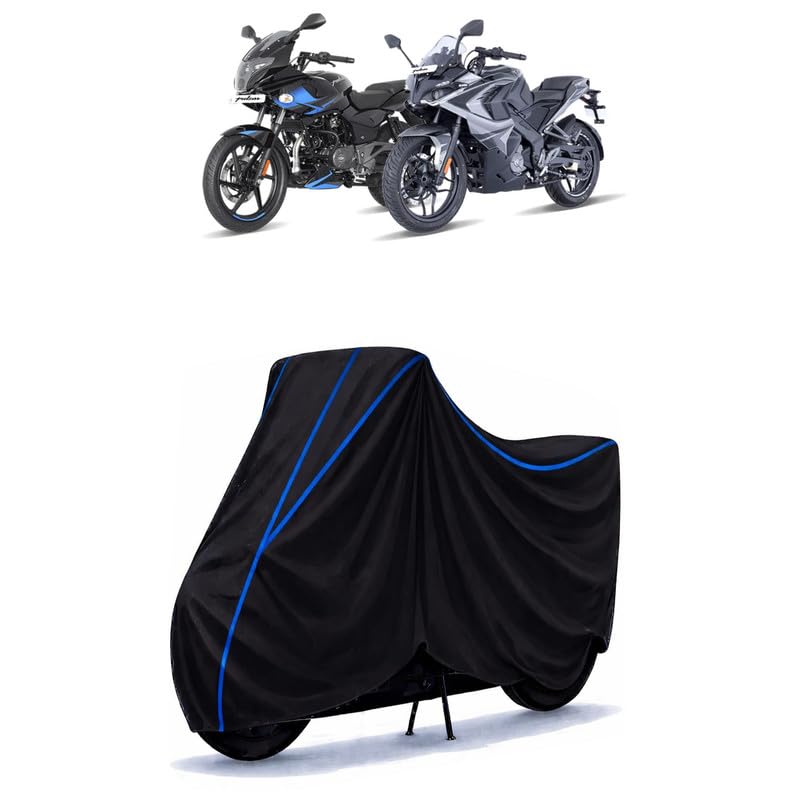 Image of Bajaj Pulsar 180 NS Bike Cover Water Resistant Universal Motorcycle Rain | Heavy Duty UV Protection, Dust, Scratch Indoor Outdoor All Weather with Black Blue Piping Elastic