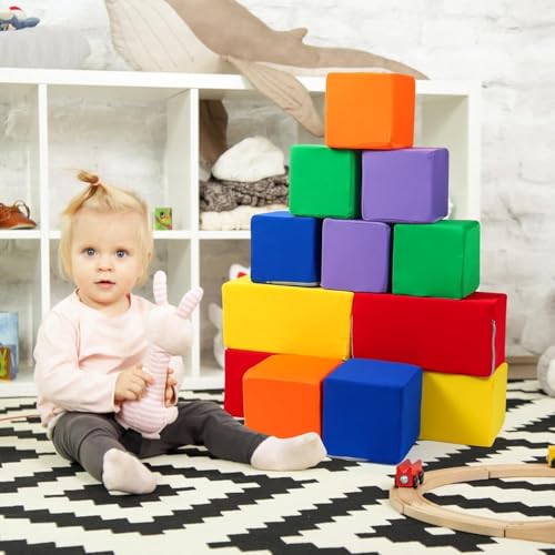 Image of Toddler Foam Buliding Blocks - 12 Piece in 2 Shapes Fabric Covered Stacking Block Sets -Soft Play Set for Kids Idea for Building and Throwing Fun-Red