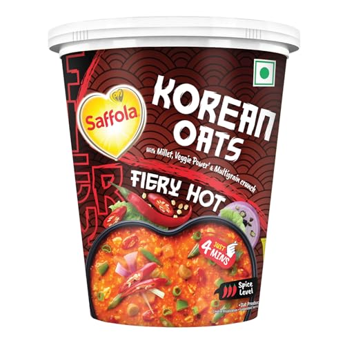 Image of Saffola Korean Cuppa Oats, Fiery Hot, with chilli dressing sachet, No added preservatives, Ready in 4 mins, 56g