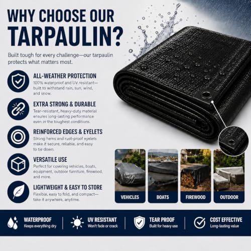 Image of Tarkka 18x15ft Black Tarpaulin Sheet, 120 GSM Virgin Waterproof Tirpal /Tadpatri Cover with Reinforced Eyelets & UV Protection for Home, Farm & Truck, 2 Sheets