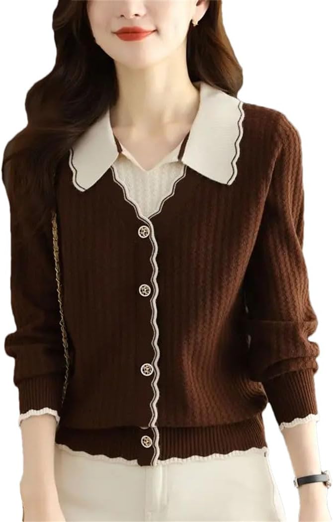 Women's Patchwork Lapel Button Sweater Fake Two Pieces Contrast Color Pullovers Long Sleeve Knitted Tops