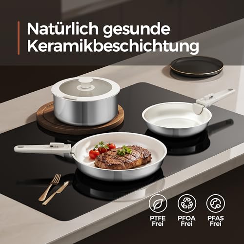 5-Teiliges Antihaft Keramik Pfannenset mit Abnehmbarem Griff, 3-Schichtiger Edelstahl Topf Set-PTFE/PFAS/PFOA frei, Töpfe Induktion… – Ansicht 3