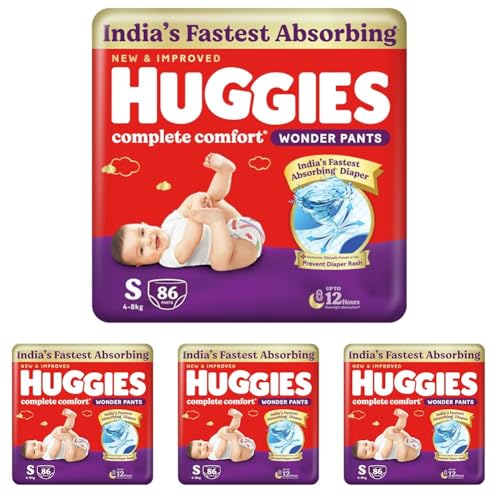 Image of Huggies Complete Comfort Wonder Pants | Pant Style Baby Diapers Small Size (S), 86 Count | India's Fastest Absorbing Diaper, Prevents Diaper Rash, Ideal for 4 to 8 Kgs (Pack of 4)