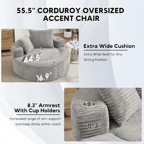 Image of Oversized Round Chair Lounge Chaise Indoor, 55.5 inch Upholstered Corduroy Deep Seat Single Cloud Sofa Chair with Cup Holder, Modern Large Circle Boneless Sleeper Sofa for Living Room, Light Grey
