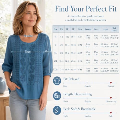 Embroidered Tops For Women Linen Shirts Peasant Boho Blouses Navy Medium - image 5