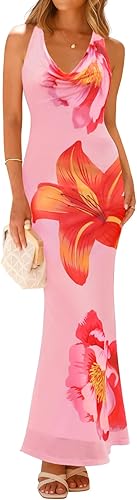 ZESICA Women's 2026 Summer Halter Neck Floral Print Maxi Dress Sleeveless Backless Wedding Guest Party Bodycon Long Dresses