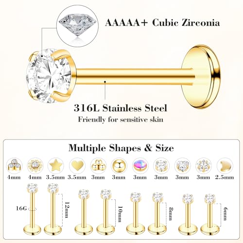 12 Pairs Tragus Piercing Jewelry 16G Internally Threaded Labret Piercing Jewelry 316L Stainless Steel Lip Rings Cartilage Helix Earring Nose Stud for Women Men2