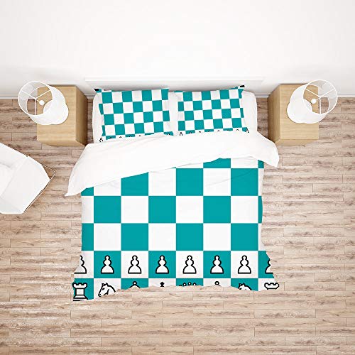 Housse de couette lit simple anti-plis en polyester durable damier bleu blanc - 3