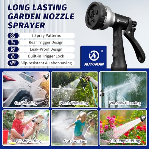 Image of AUTOMAN-Garden-Hose-Nozzle, 2 Pack ABS Water Spray Nozzle, 7 Adjustable Watering Patterns, Slip Resistant for Watering Plants, Lawn& Garden, Washing Car, Showering Pets & Outdoor Fun.Silver Color