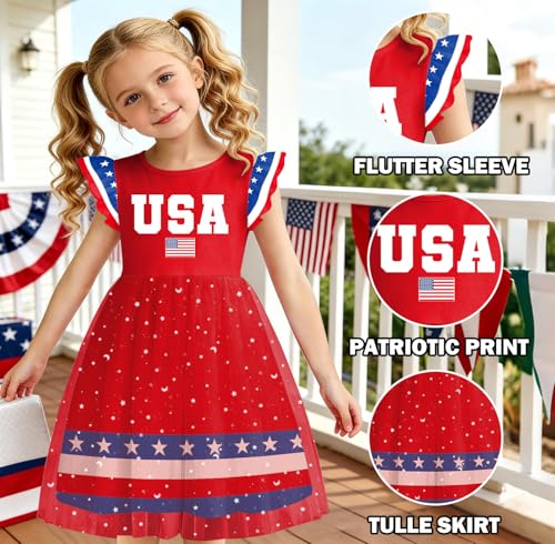 Image of Girls 4th of July Dress American Patriotic Outfit USA Independence Day Clothes Flutter Sleeve Tulle Tutu Dress 5-14y