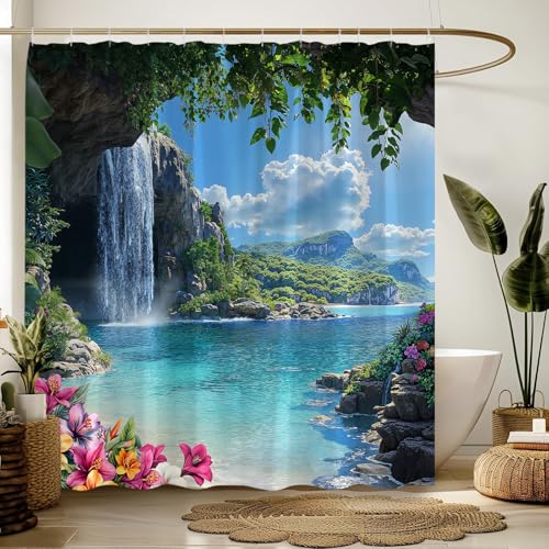 AEMBEE Tropical Ocean Shower Curtain Blue Sea Leaves Floral Hawaii Nature Scenery Landscape Spring Summer Fabric Decorative Bathroom Curtains with Hooks Blue Green