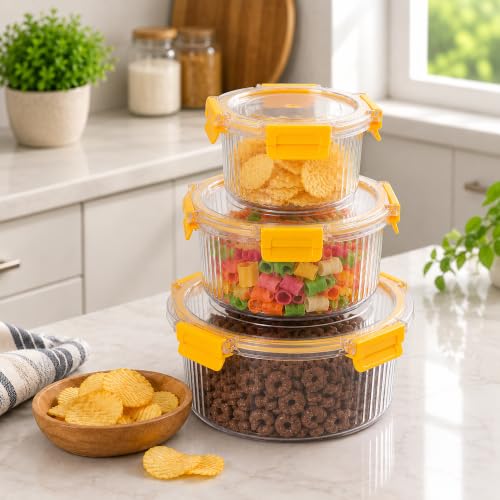 Image of Plastic Air Tight Container Set for Kitchen Storage | Clear Round Food Containers with Airtight Lock Lids | Fridge Storage Containers for Fruits, Vegetables & Herbs (400ml, 800ml, 1600ml)