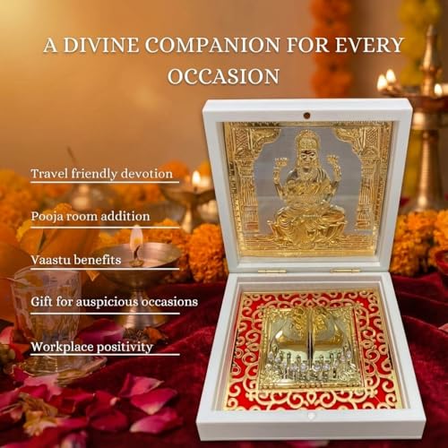 Image of Gold Plated Laxmi Pocket Temple for Pooja Room | Lakshmi Divine Pooja Boxes with Photo Frame & Charan Paduka | Diwali Gift & Home Decor (Medium - White) 4.5 Inch - Pack of 1
