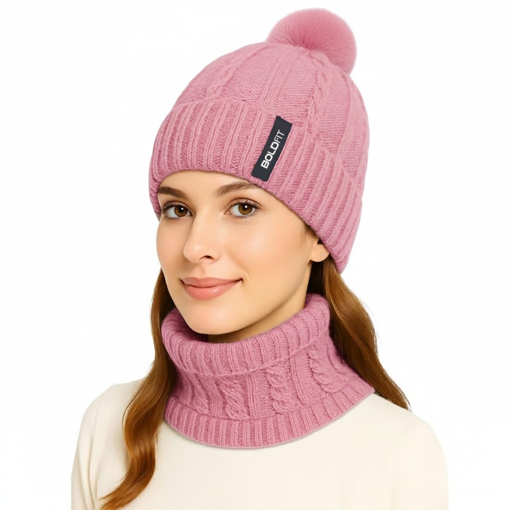 Boldfit Woolen Winter Cap for Women with Neck Warmer Soft Woolen Cap for Girls in Winter for Thermal Wear Stylish Warm Wear for Girls Woolen Garam Topaa Cap Branded Bennies Pink