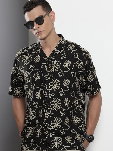 Image of The Indian Garage Co Men Relaxed Fit Textured Half Sleeves Cuban Collar Resort Wear Shirt