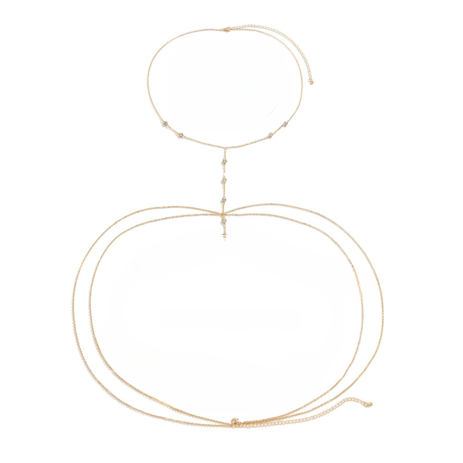 THE WHITE SHOP14K Gold Body Chains for Women, Layered Rhinestone Crossover Body Jewelry, Summer Beach Crystal Belly Waist Chain For Girls