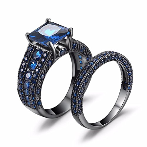 Castillna Black Sterling Silver Princess Cut Created Blue Sapphire Engagement Wedding Bridal Rings Set2