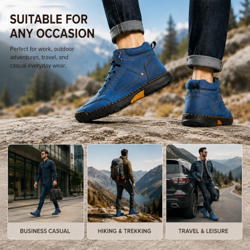 Image of Men's Wide Comfort Handmade Leather Boots Men's Waterproof Hiking Boots | Casual Walking Shoes, Lightweight Breathable Work Shoes with Arch Support, Non-Slip & Durable