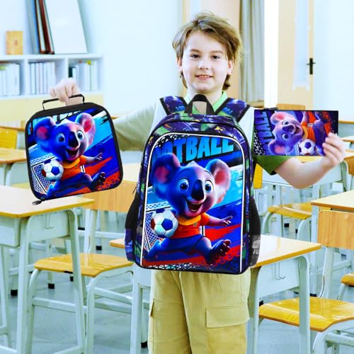 Image of 16 inch Koala Soccer Backpack Set for Boys 4-8, 3Pcs Preschool Bookbag with Football Lunch Box, Durable School Bag (Blue)