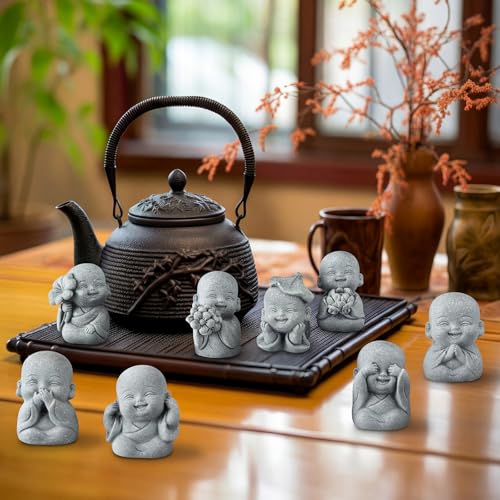 Juego de 8 estatuas pequeñas de Buda sonriente en arenisca miniatura 6
