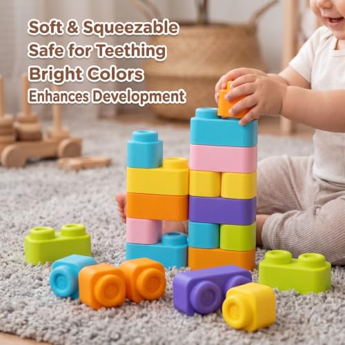 Image of Soft Squishy Building Blocks for Babies and Toddlers, 21 Pcs Non-Toxic Stacking Blocks Set, Teething Safe Sensory Toy for Infants 5 Months+