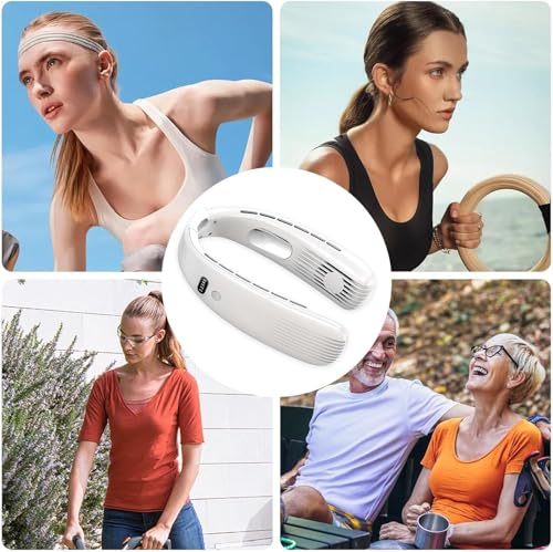 Image of One94Store Portable Bladeless Hanging Neck Fan - Modern Design, 12 Air Outlets, 2400mAh Rechargeable Battery, USB Powered, 5-Speed Hands-Free Cooling Fan, Up to 6 Hours Use for Indoor&Outdoor (White)