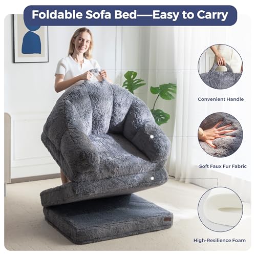 Image of MAXYOYO Folding Sofa Bed, 2 in 1 Convertible Sofa to Lounger Comfy Single Bean Bag Chair for Adults, Floor Couch with Handle, Faux Fur Couch Bed for Living Room Bedroom, Grey