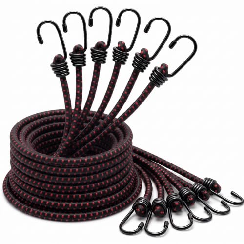 Image of Extra Long Bungee Cords with Hooks 0.39 Inch Thick Heavy Duty Bungee Straps for Outdoors, Camping, Rvs, Bikes, Cargo (Black+red,120 Inch,6 Pcs)