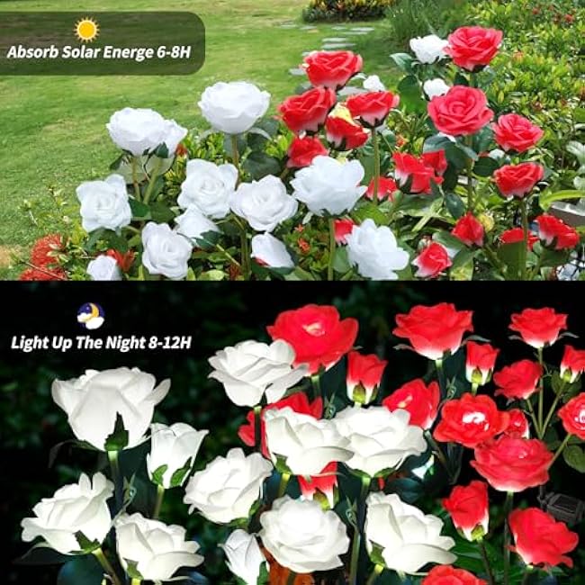 Solar Lights Outdoor Garden Decorative 4 Pack, Waterproof Solar Flower Lights with 20 Realistic Rose for Patio, Back Yard, Flower Bed, Pathway, Patio, Porch, White and Red