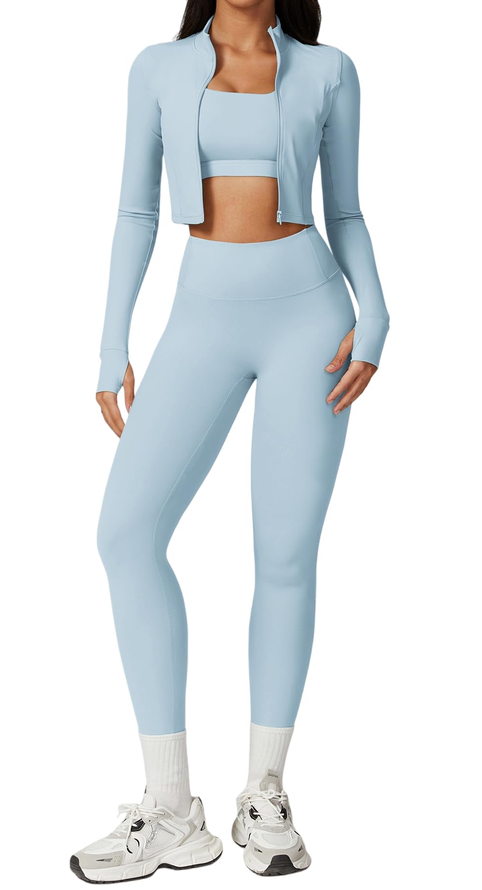 3-teiliges Damen-Workout-Set, Sport-BH, bauchfreies Top, Jacke mit Daumenlöchern, Bauchkontrolle, Leggings mit hoher Taille