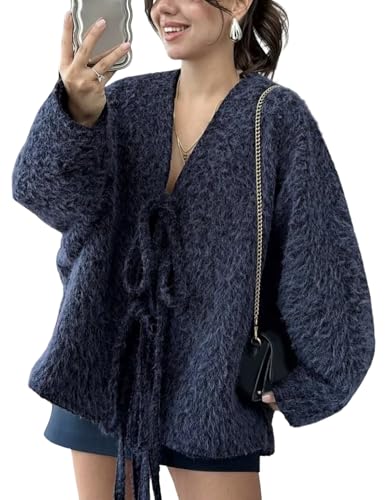 Wyeysyt Womens Fuzzy Tie Front Jacket Oversized V Neck Long Sleeve Causal Coat Bow Furry Jacket Outerwear2
