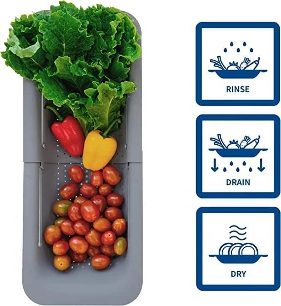 Miniatura 2 de Cesta coladora para colocar sobre el fregadero, lavar verduras y frutas, escurrir la pasta cocida y platos secos, extensible, artículos esenciales