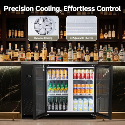 Image of BODEGACOOLER Commercial Back Bar Cooler with 2 Glass Doors,12 Cu.Ft Stainless Steel Commercial Counter Height Bar Refrigerator,Display Drink Beverage Beer Fridge LED Lighting,SUS304 Top,4 Casters
