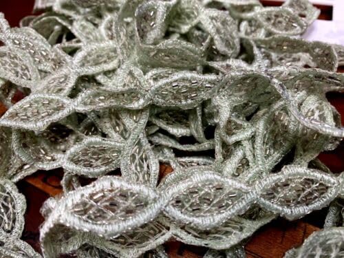 Mint Embroidered Beads Scalloped Oval Hand Sewn 3/8