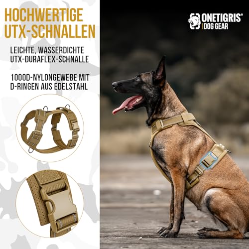 OneTigris Hundegeschirr, Diesel Einstellbar Taktisches Geschirr Weich Gepolstert Brustgeschirr für mittelgroße und große Hunde mit Reflektierend, 1 Griff, 3 D-Ringe (Braun, M)