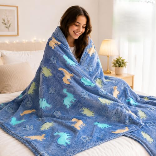 Image of Glow in The Dark Dinosaur Blanket for Kids, Teens & Adults, 200 x 150 cm, 240 GSM Soft Polyester Fleece Throw Blanket, Cozy Lightweight AC Blanket for Bed, Sofa & Travel, Blue