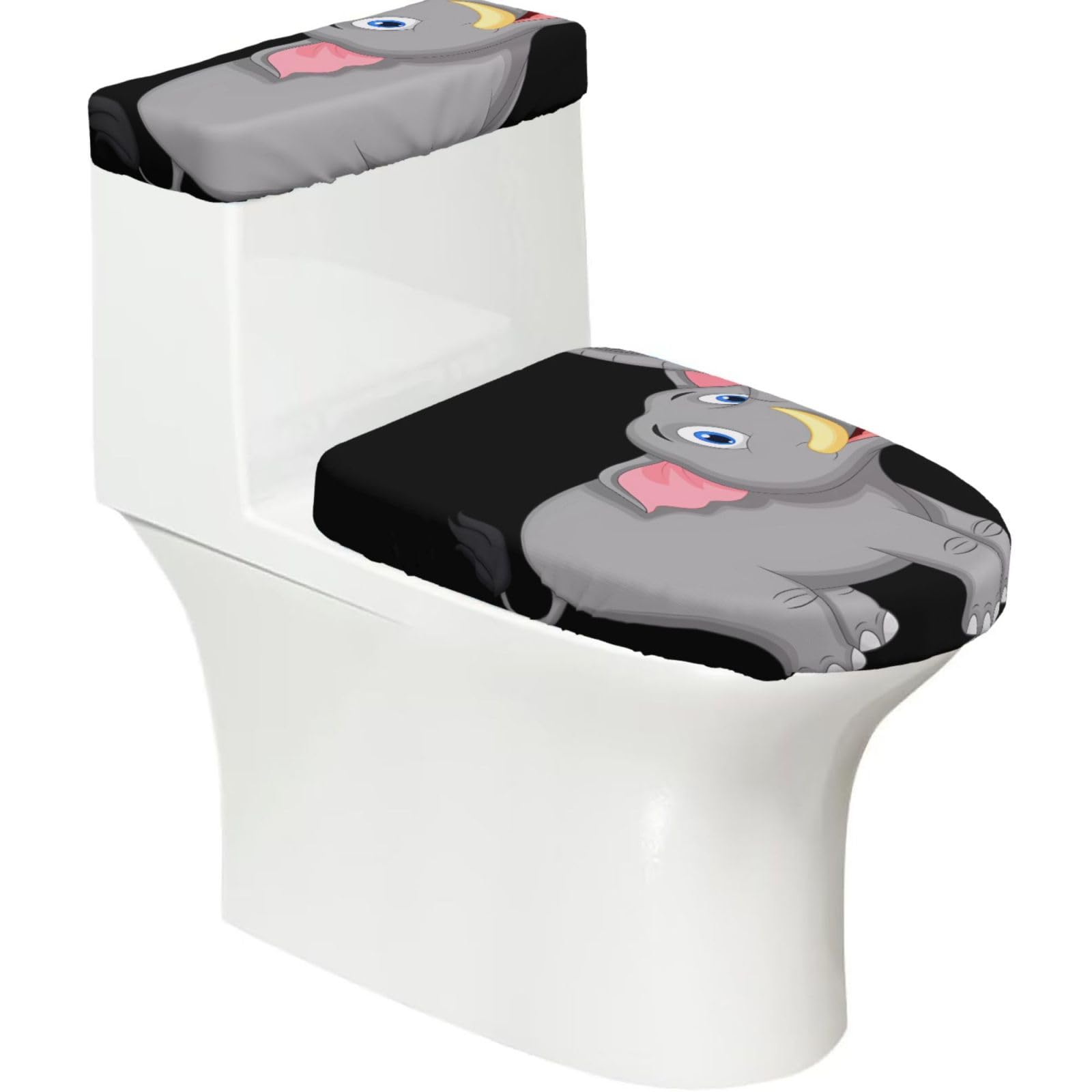Mrowyc Black Cartoon Elephant Printed Toilet Seat Set - Set Of 2 - Universal Toilet Seat Cover - Housewarming Birthday Christmas Gift