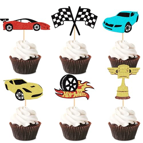 Cyodoos 24PCS Race Car Cupcake Toppers Sparkling Trophy Flag Racing Cake Selected Racing Theme, Car Theme Party Supplies Baby Shower Boy Birthday Party Cake Decoration Supplies